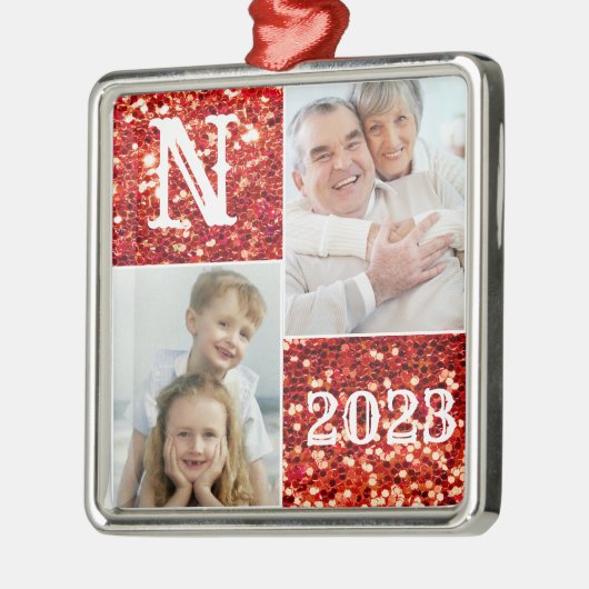 Monogram Silver Glitter Foto Kerstmis Metalen Ornament (Links)