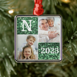Monogram Silver Glitter Foto met kerstfeestdag Metalen Ornament