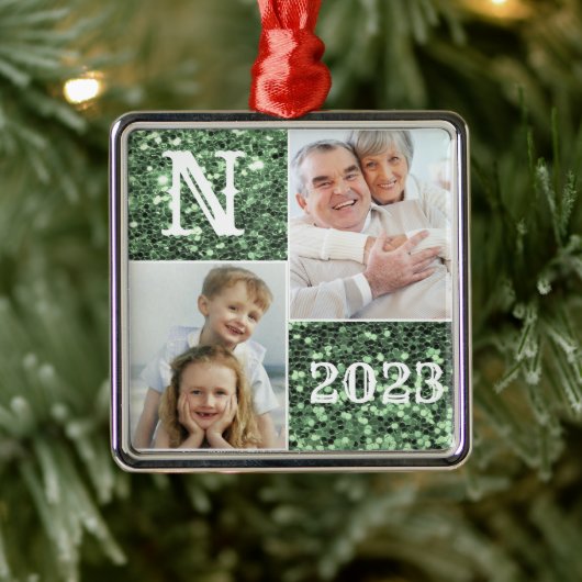 Monogram Silver Glitter Foto met kerstfeestdag Metalen Ornament (Boom)