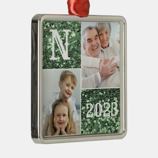 Monogram Silver Glitter Foto met kerstfeestdag Metalen Ornament (Rechts)