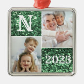 Monogram Silver Glitter Foto met kerstfeestdag Metalen Ornament (Voorkant)