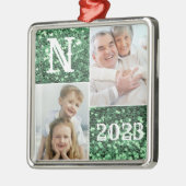 Monogram Silver Glitter Foto met kerstfeestdag Metalen Ornament (Links)