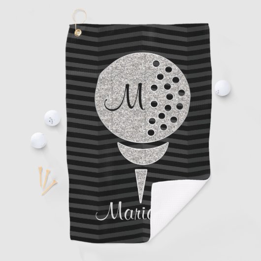 Monogram Silver Glitter Golf Ball op Chevron Golfhanddoek (Insitu)
