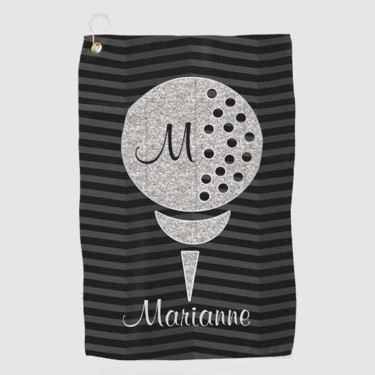 Monogram Silver Glitter Golf Ball op Chevron Golfhanddoek (Voorkant)