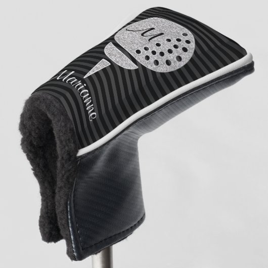 Monogram Silver Glitter Golf Ball op Chevron Golfheadcover (3/4 voorkant)