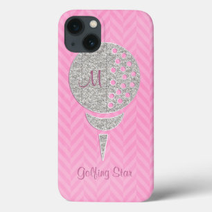 Monogram Silver Glitter Golf Ball op Roze Chevron iPhone 13 Hoesje