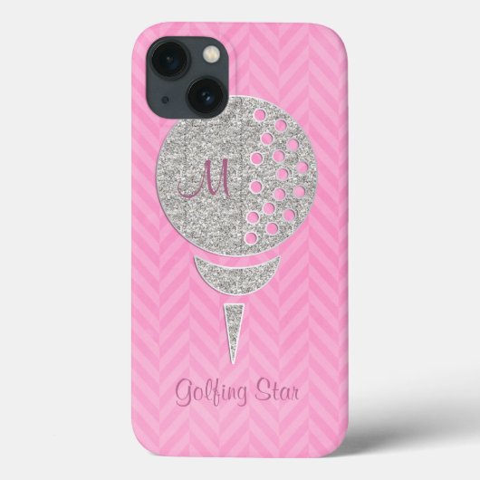 Monogram Silver Glitter Golf Ball op Roze Chevron Case-Mate iPhone Case (Achterkant)