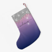 Monogram Silver Glitter Holiday Paarse Ombre Naam Kleine Kerstsok (Achterkant (Hangend))