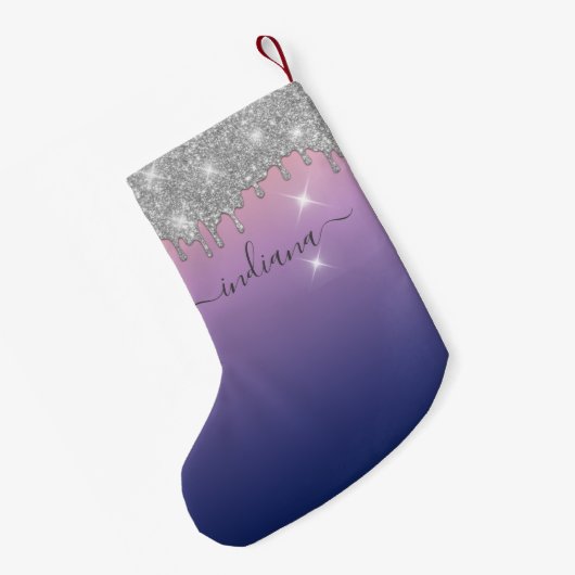 Monogram Silver Glitter Holiday Paarse Ombre Naam Kleine Kerstsok (Achterkant (Hangend))