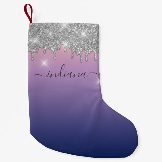 Monogram Silver Glitter Holiday Paarse Ombre Naam Kleine Kerstsok (Voorkant)