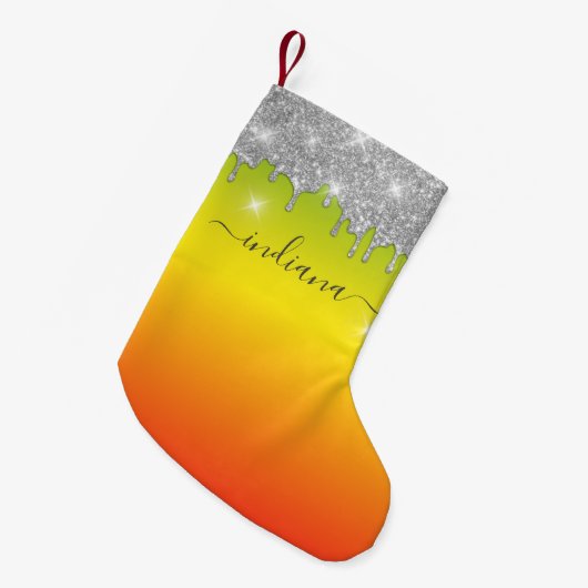 Monogram Silver Glitter Holiday Red Yellow Ombre Kleine Kerstsok (Voorkant (Hangend))