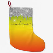 Monogram Silver Glitter Holiday Red Yellow Ombre Kleine Kerstsok (Voorkant)