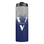 Monogram Silver Glitter Sparkles Navy Blue Custom Thermosbeker (Voorkant)