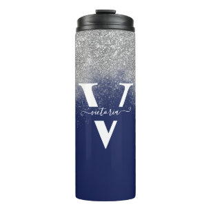 Monogram Silver Glitter Sparkles Navy Blue Custom Thermosbeker