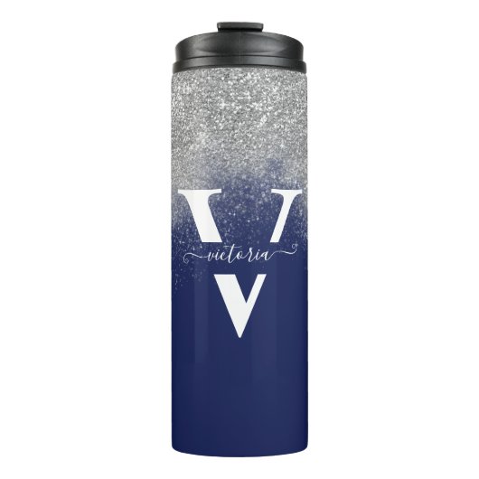 Monogram Silver Glitter Sparkles Navy Blue Custom Thermosbeker (Voorkant)
