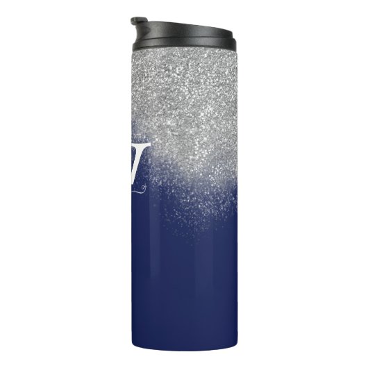 Monogram Silver Glitter Sparkles Navy Blue Custom Thermosbeker (Geroteerd rechts)