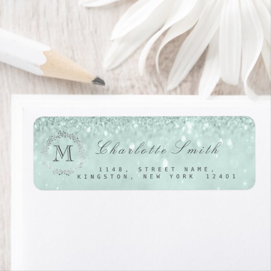 Monogram Silver Glitter Tiffany Grey RSVP Bridal Etiket (Insitu)