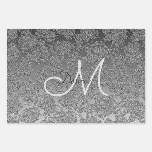 Monogram Silver Gray Elegant Floral Modern Art Inpakpapier Vel (Voorkant)