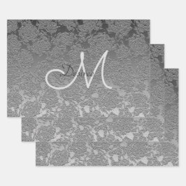 Monogram Silver Gray Elegant Floral Modern Art Inpakpapier Vel