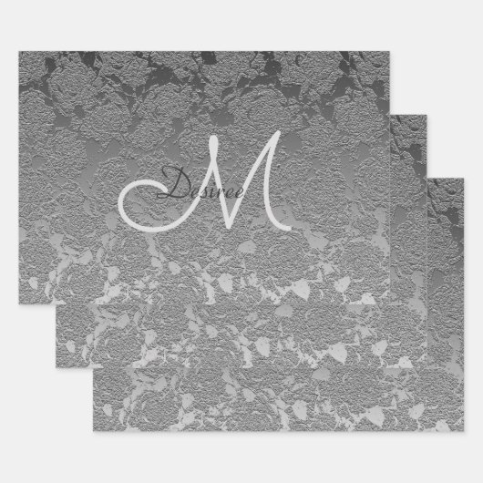 Monogram Silver Gray Elegant Floral Modern Art Inpakpapier Vel (Set)