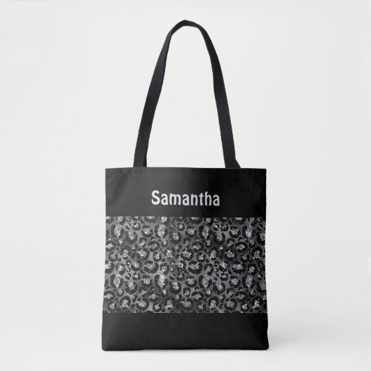 Monogram Silver Grey Black Leopard Print Cheetah Tote Bag (Voorkant)