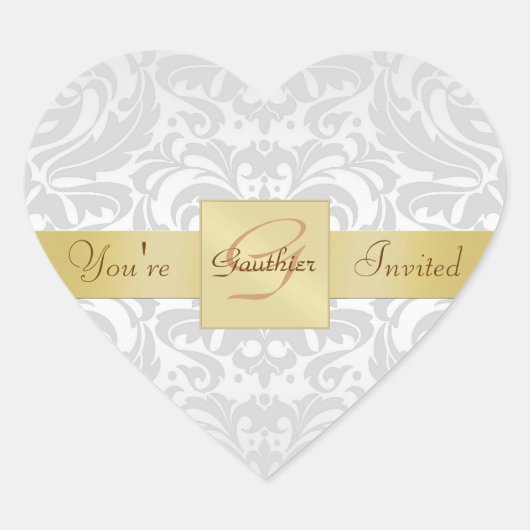 Monogram Silver Metal Damask Heart Sticker (Voorkant)
