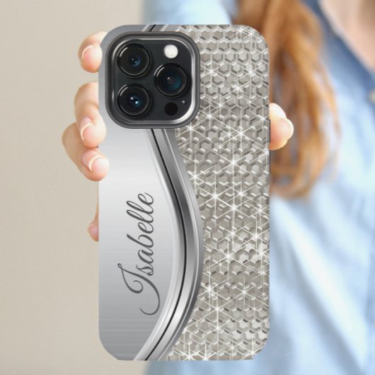 Monogram Silver Metal Glitter kijkt Bling Samsung Galaxy Hoesje