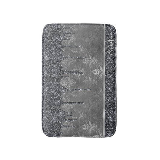 Monogram Silver Metallic Black Glitter Grey Damask Badmat (Voorkant Verticaal)