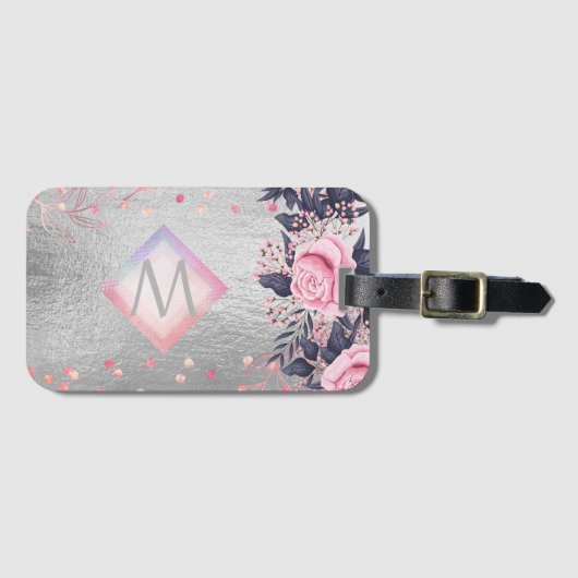 Monogram Silver Navy Rosegold Girly Passen getrouw Bagagelabel (Voorkant (horizontaal))