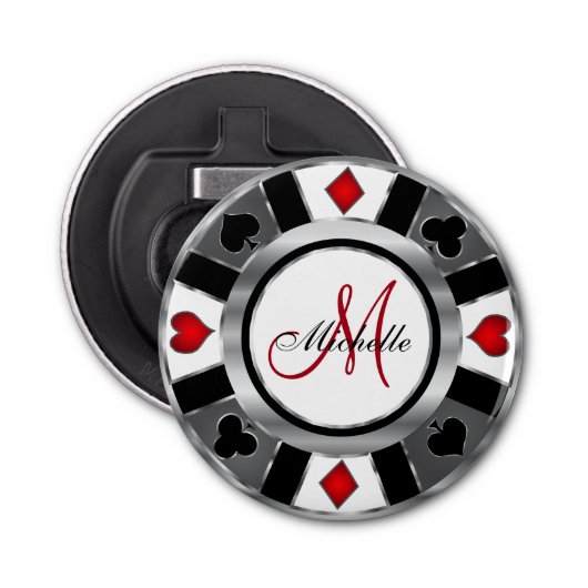 Monogram Silver Poker Chip Design Button Flesopener (Voorkant)