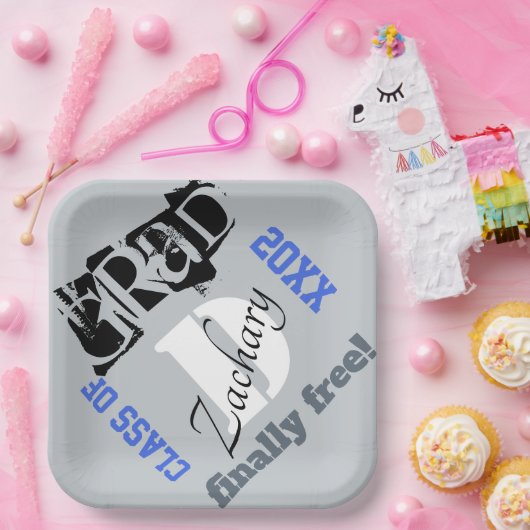 Monogram Silver Royal Blue Afstuderen Year Papieren Bordje (Feest)