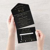 Monogram Simple Black Gold Calligraphy Weddenschap All In One Uitnodiging (Afscheurbaar)