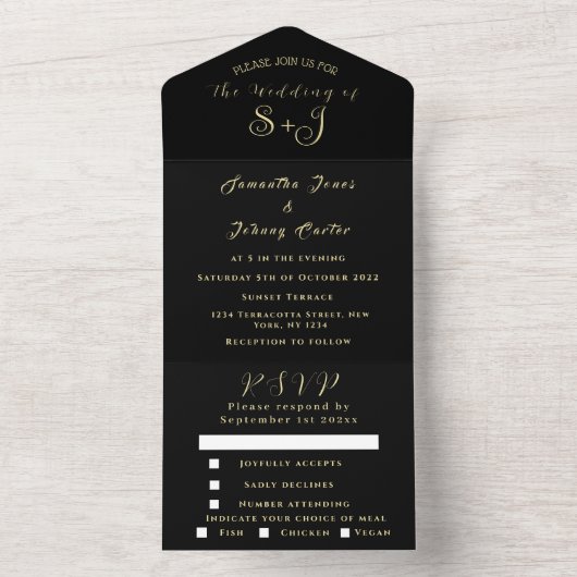 Monogram Simple Black Gold Calligraphy Weddenschap All In One Uitnodiging (Binnen)
