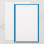 Monogram Simple Blue Border Klassieke gepersonalis Briefpapier (Voorkant / Achterkant)