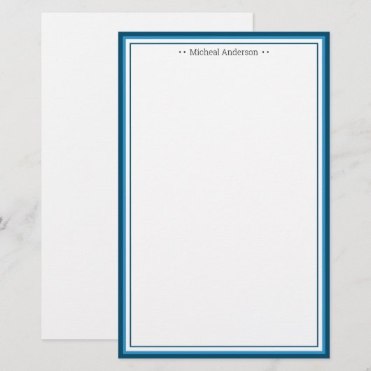Monogram Simple Blue Border Klassieke gepersonalis Briefpapier (Voorkant / Achterkant)