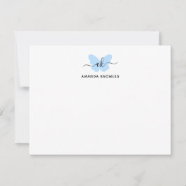 Monogram Simple Blue Butterfly Minimalist Girly Notitiekaartje