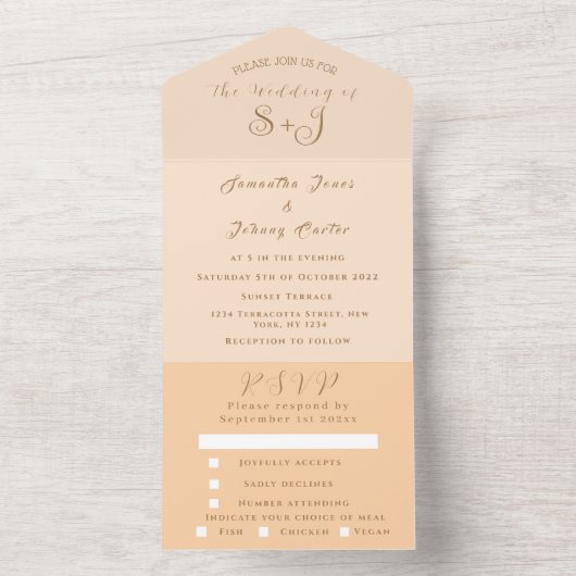 Monogram Simple Champagne Dusty roos Wedding All In One Uitnodiging (Binnen)
