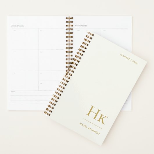 Monogram Simple Elegant Ivory Gold Personalized Planner (Display)