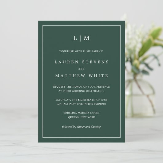 Monogram Simple Forest Green Wedding Kaart (Staand voorkant)