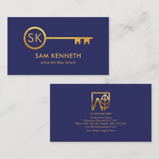 Monogram Simple Gold Home Key Real Estate Realtor Visitekaartje (Voorkant / Achterkant)