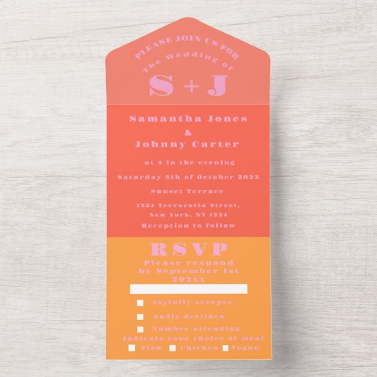 Monogram Simple Pink Oranje Bold Weddenschap All In One Uitnodiging (Binnen)