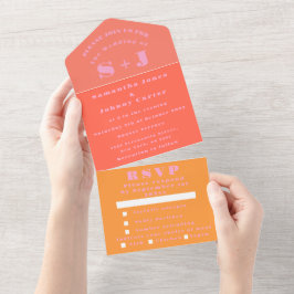 Monogram Simple Pink Oranje Bold Weddenschap All In One Uitnodiging