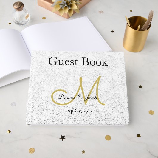 Monogram Simple White Gold Weduwen Reception Gastenboek (Voorkant open)