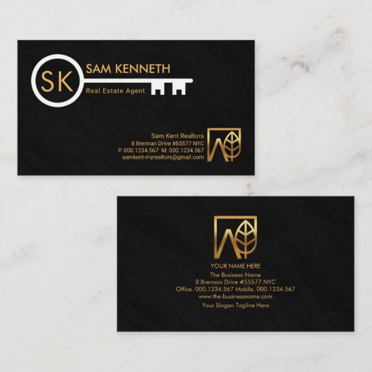 Monogram Simple White Key Black Grunge Realtor Visitekaartje (Voorkant / Achterkant)