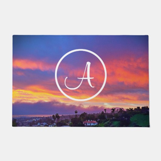 Monogram Sinaasappel Blauw Geel Zonsondergang Kust Deurmat (Voorkant)