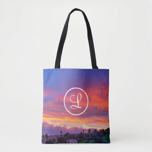 Monogram Sinaasappel Blauw Geel Zonsondergang Kust Tote Bag (Voorkant)
