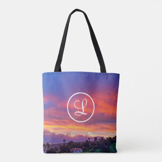 Monogram Sinaasappel Blauw Geel Zonsondergang Kust Tote Bag (Achterkant)