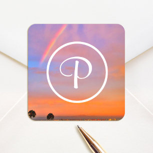 Monogram Sinaasappel Blauw Sunset Regenboog Fotogr Vierkante Sticker