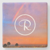 Monogram Sinaasappel Blauw Zonsondergang Regenboog Stenen Onderzetter (Voorkant)