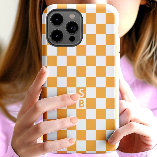 Monogram Sinaasappel en wit schaakbordpatroon Case-Mate iPhone Case